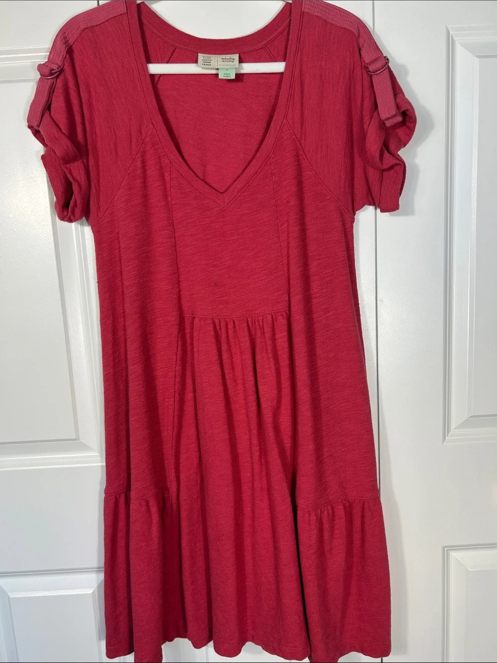 Anthropologie Saturday Sunday Raspberry Red V-Neck Tiered Dress Size Medium